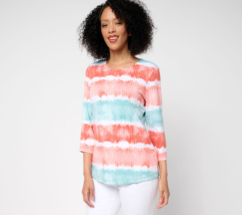 Denim & Co. Favorite Jersey Printed Stripe 3/4 Sleeve Round Neck Top — View 3