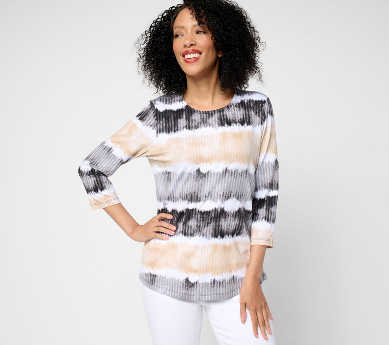 Denim & Co. Favorite Jersey Printed Stripe 3/4 Sleeve Round Neck Top — View 4