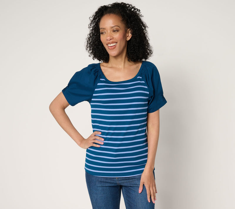 Isaac Mizrahi Live! Yacht Club Rib Knit Puff Sleeve Top — View 5