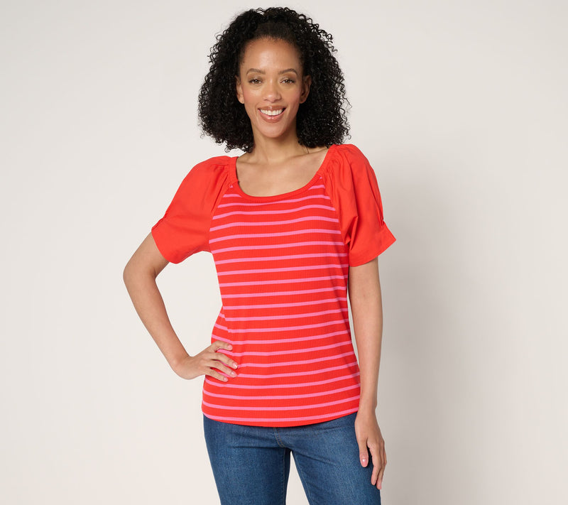 Isaac Mizrahi Live! Yacht Club Rib Knit Puff Sleeve Top — View 9
