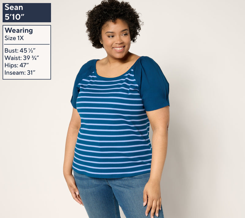 Isaac Mizrahi Live! Yacht Club Rib Knit Puff Sleeve Top — View 10