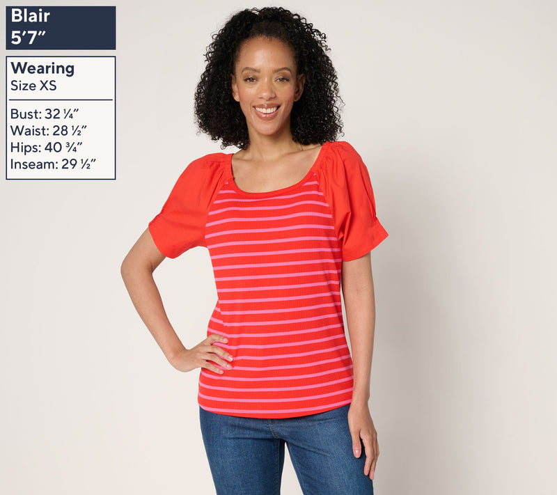 Isaac Mizrahi Live! Yacht Club Rib Knit Puff Sleeve Top — View 11