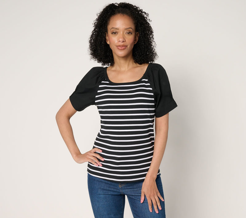 Isaac Mizrahi Live! Yacht Club Rib Knit Puff Sleeve Top — View 7