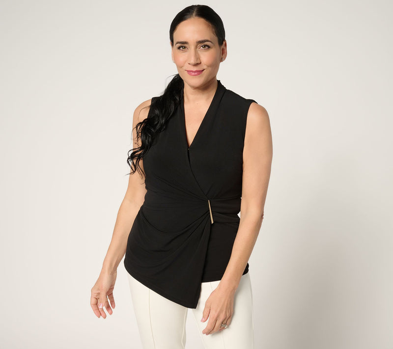 Susan Graver Liquid Knit Draped Faux Wrap Top with Hardware Detail — View 7
