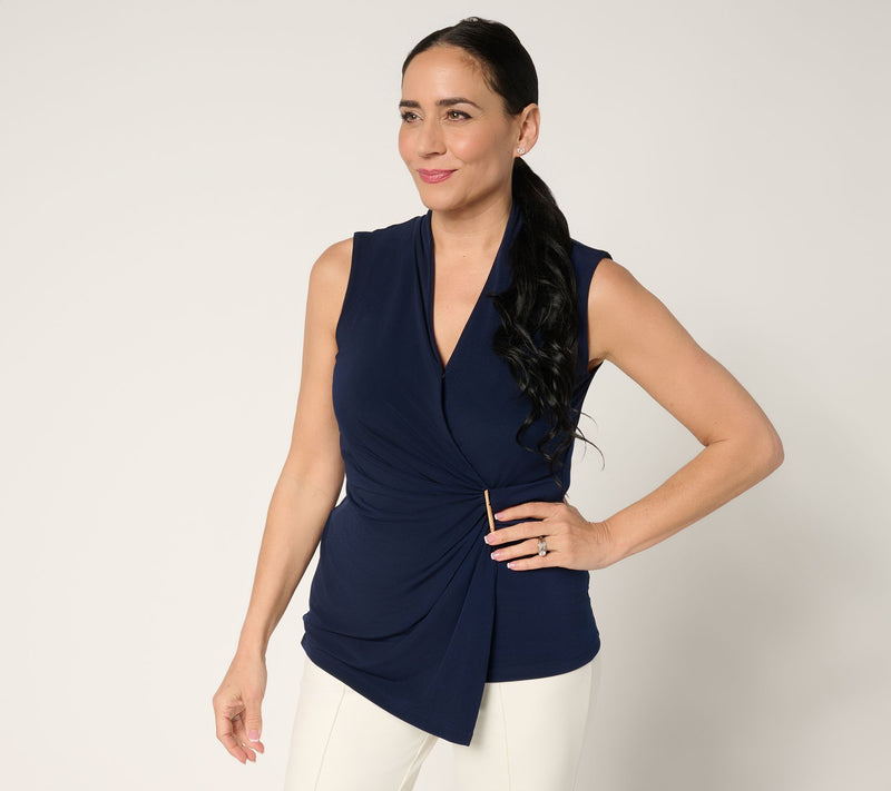 Susan Graver Liquid Knit Draped Faux Wrap Top with Hardware Detail — View 5
