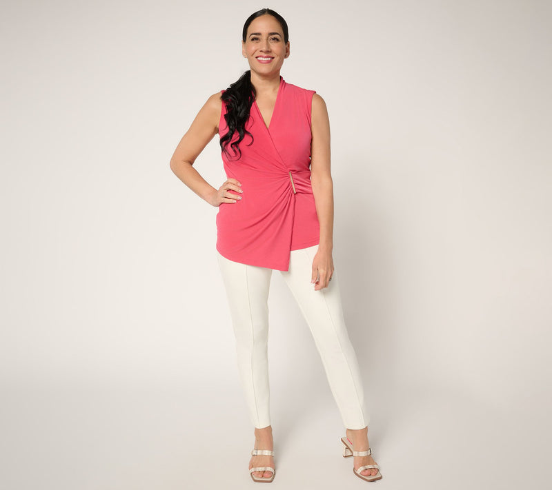 Susan Graver Liquid Knit Draped Faux Wrap Top with Hardware Detail — View 15