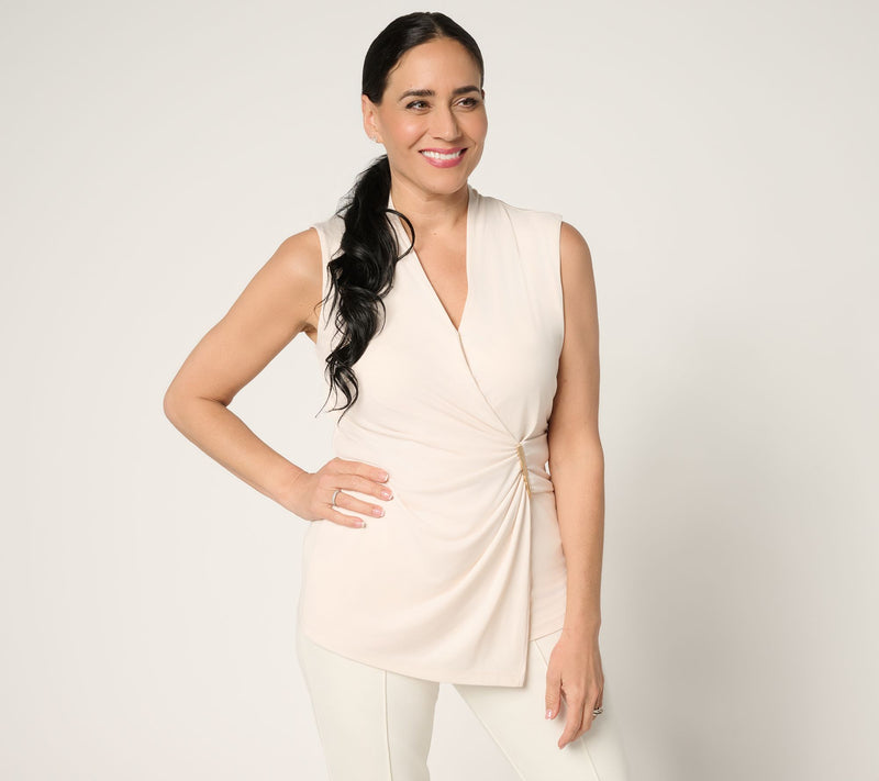 Susan Graver Liquid Knit Draped Faux Wrap Top with Hardware Detail — View 9