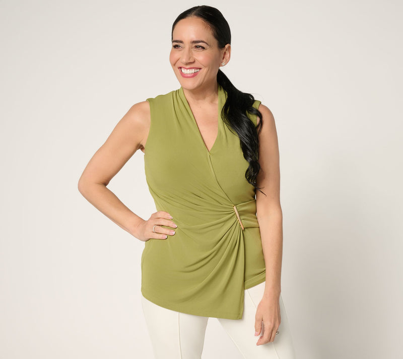Susan Graver Liquid Knit Draped Faux Wrap Top with Hardware Detail — View 11