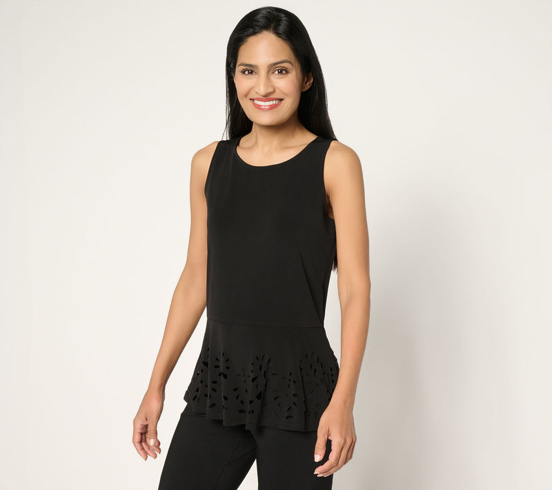 Susan Graver Liquid Knit Sleeveless Peplum Top with Laser Cut Hem — View 7