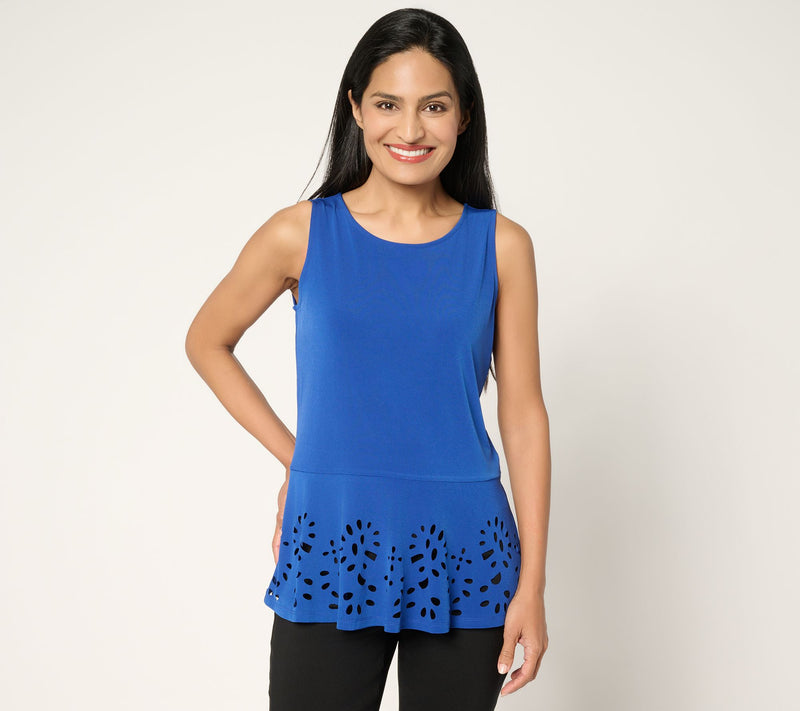 Susan Graver Liquid Knit Sleeveless Peplum Top with Laser Cut Hem — View 3