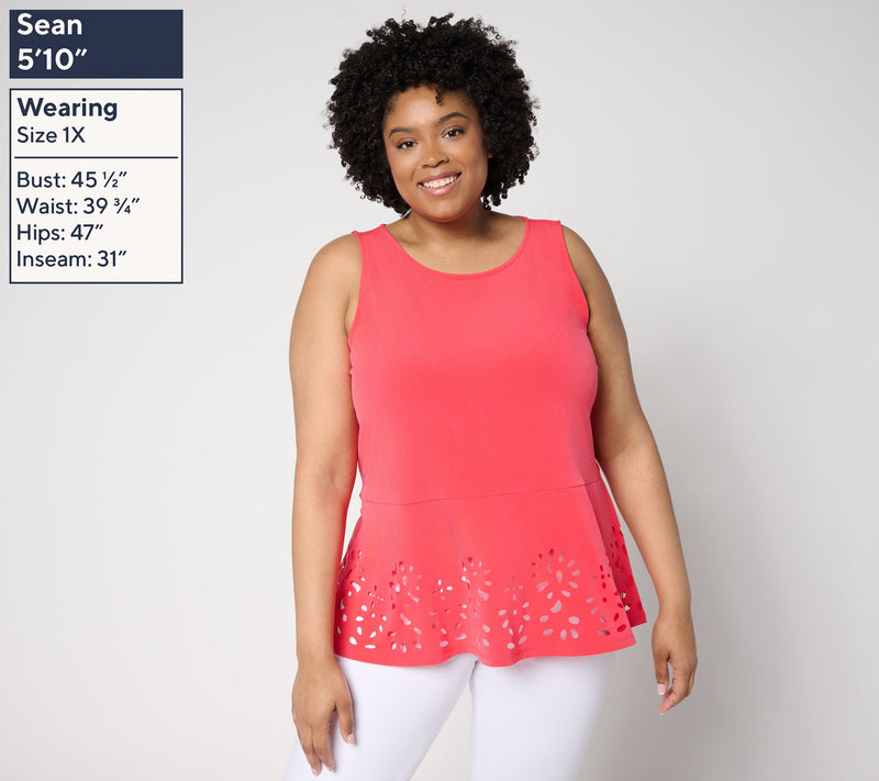 Susan Graver Liquid Knit Sleeveless Peplum Top with Laser Cut Hem — View 12