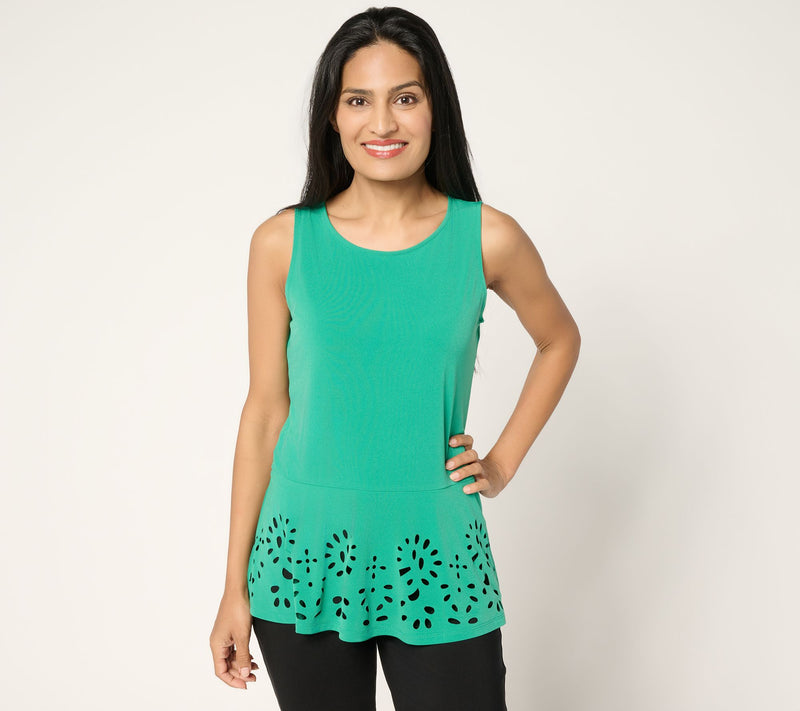 Susan Graver Liquid Knit Sleeveless Peplum Top with Laser Cut Hem — View 11