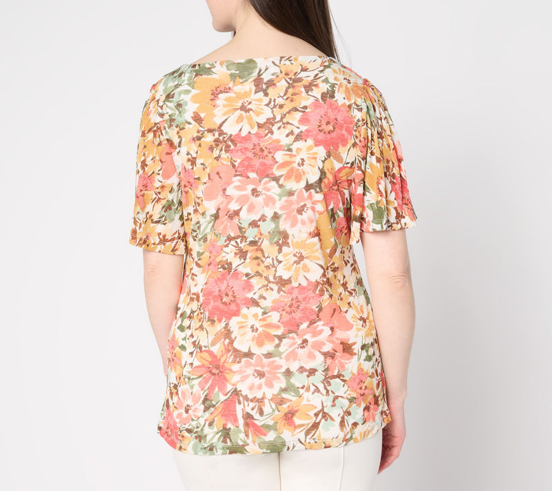 Susan Graver Printed Textured Knit Flutter Sleeve Top — View 4