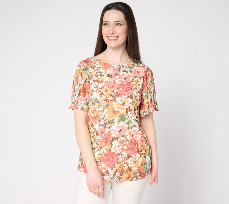 Susan Graver Printed Textured Knit Flutter Sleeve Top — View 10