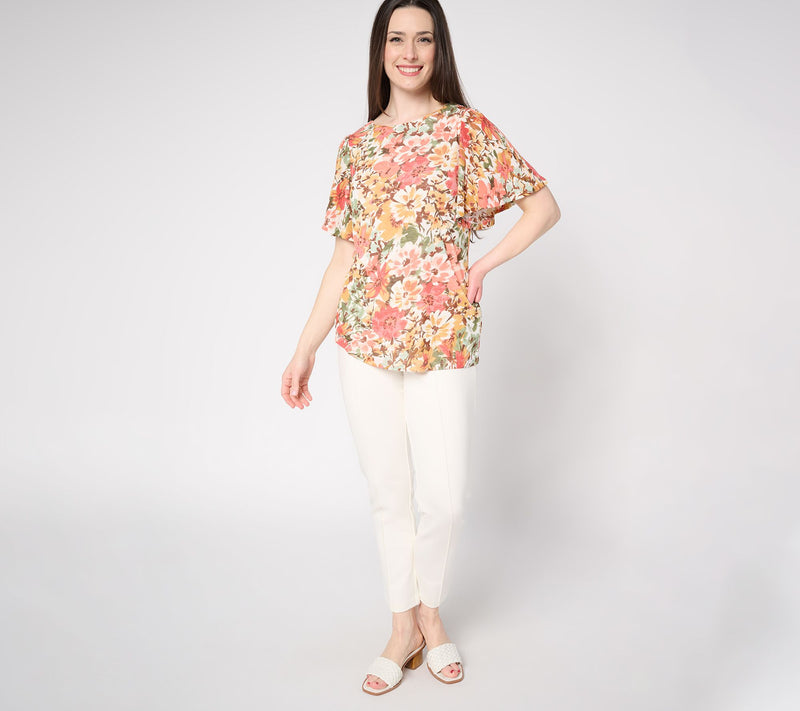 Susan Graver Printed Textured Knit Flutter Sleeve Top — View 5