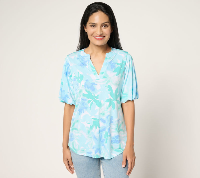 Susan Graver Printed Liquid Knit Split Neck Blouson Sleeve Top — Main view
