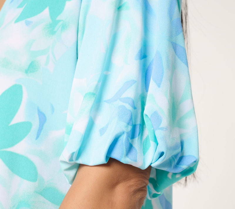 Susan Graver Printed Liquid Knit Split Neck Blouson Sleeve Top — View 5