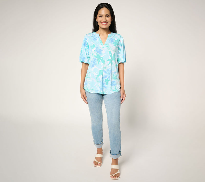 Susan Graver Printed Liquid Knit Split Neck Blouson Sleeve Top — View 4