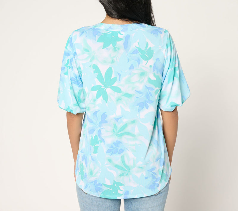 Susan Graver Printed Liquid Knit Split Neck Blouson Sleeve Top — View 3