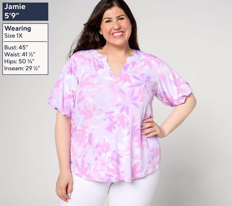 Susan Graver Printed Liquid Knit Split Neck Blouson Sleeve Top — View 2