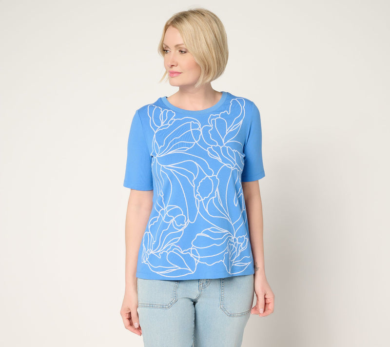 Susan Graver Weekend Comfy Cotton Embroidered Top — Main view