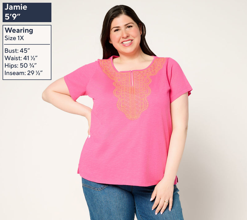 Susan Graver Textured Cotton Embroidered Top — View 10