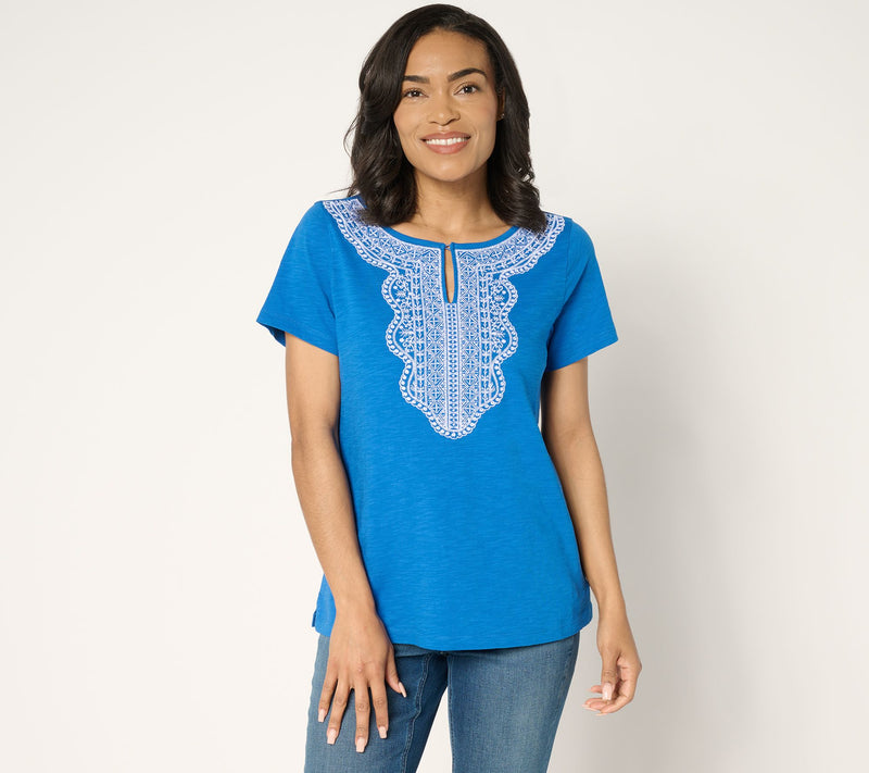 Susan Graver Textured Cotton Embroidered Top — View 5
