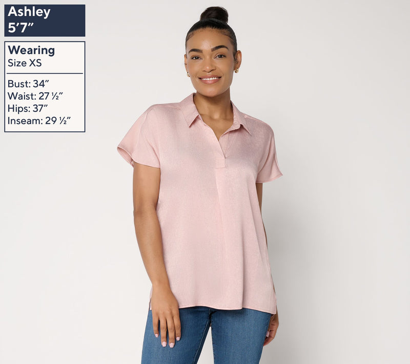 Susan Graver Regular Foiled Woven Pullover Henley Top — View 7