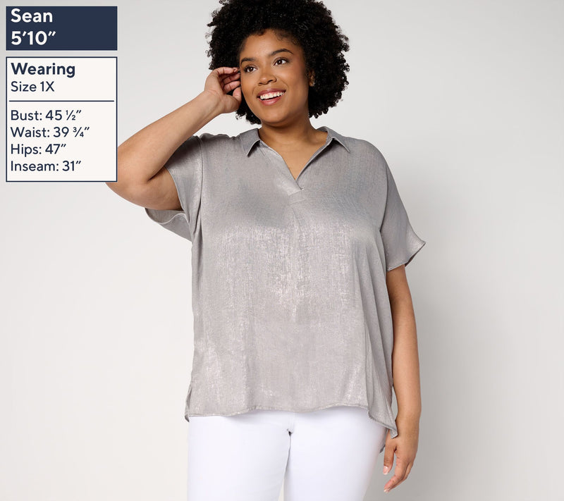 Susan Graver Regular Foiled Woven Pullover Henley Top — View 6