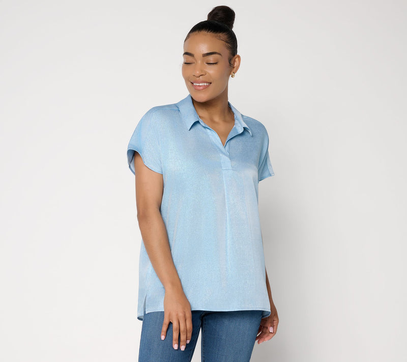 Susan Graver Regular Foiled Woven Pullover Henley Top — View 3
