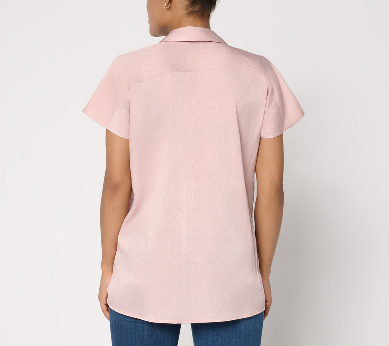 Susan Graver Regular Foiled Woven Pullover Henley Top — View 8