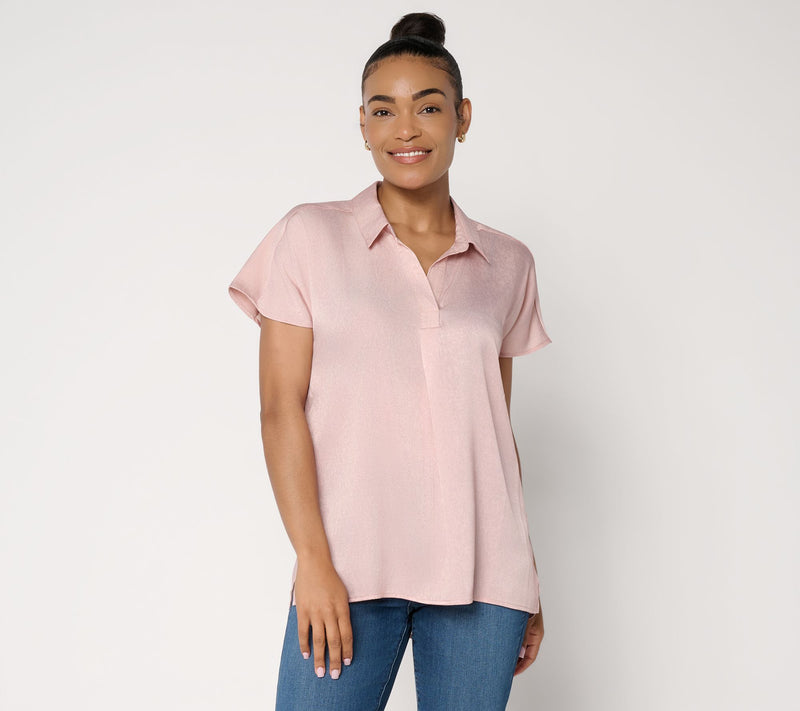 Susan Graver Regular Foiled Woven Pullover Henley Top — View 5