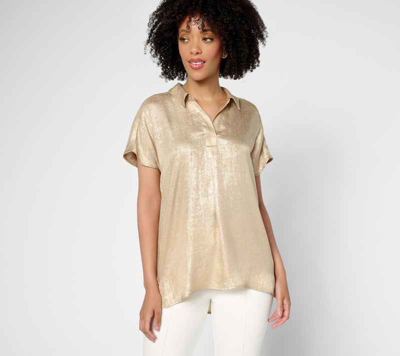 Susan Graver Regular Foiled Woven Pullover Henley Top — View 16