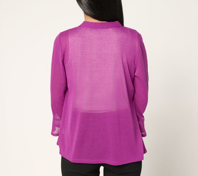 Susan Graver Novelty Knit Open Front 3/4 Flounce Sleeve Cardigan — View 3