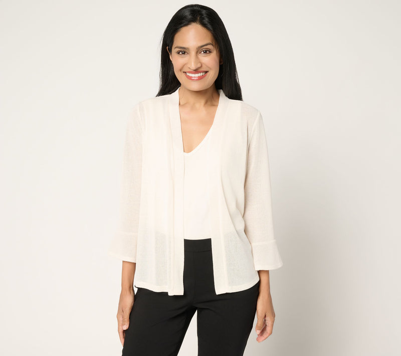 Susan Graver Novelty Knit Open Front 3/4 Flounce Sleeve Cardigan — View 15