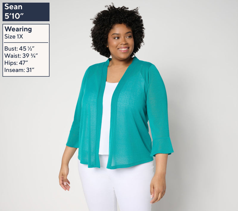 Susan Graver Novelty Knit Open Front 3/4 Flounce Sleeve Cardigan — View 2