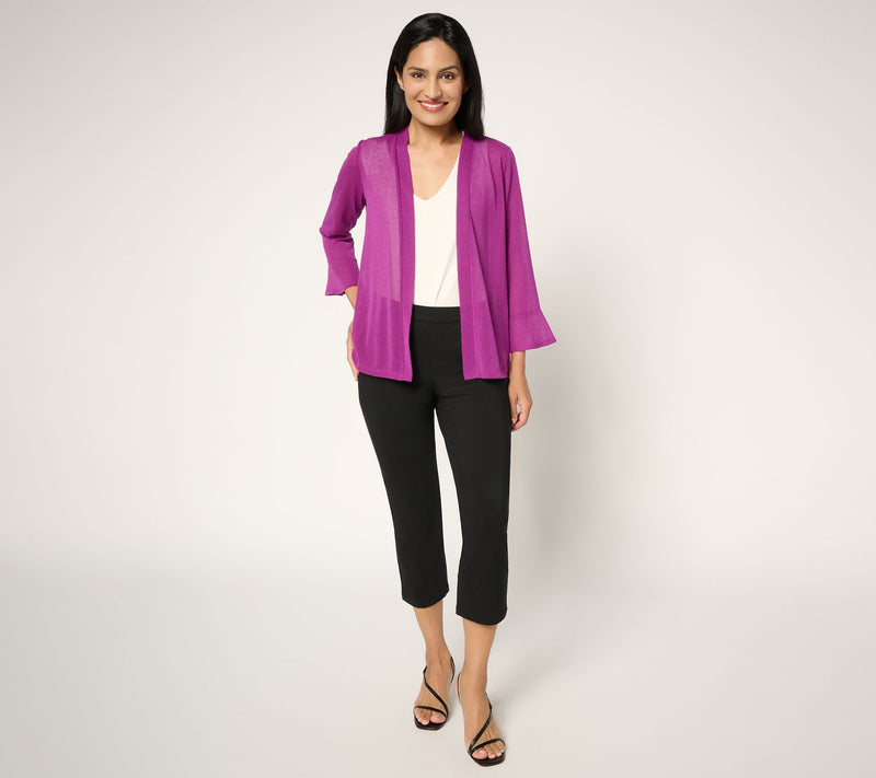 Susan Graver Novelty Knit Open Front 3/4 Flounce Sleeve Cardigan — View 4