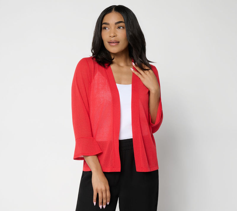 Susan Graver Novelty Knit Open Front 3/4 Flounce Sleeve Cardigan — View 18