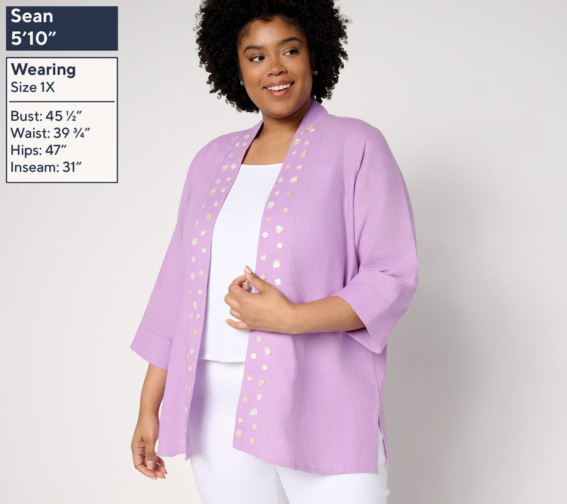 GRAVER Susan Graver Regular Linen Open Front Cardigan w/Embellishment — View 2