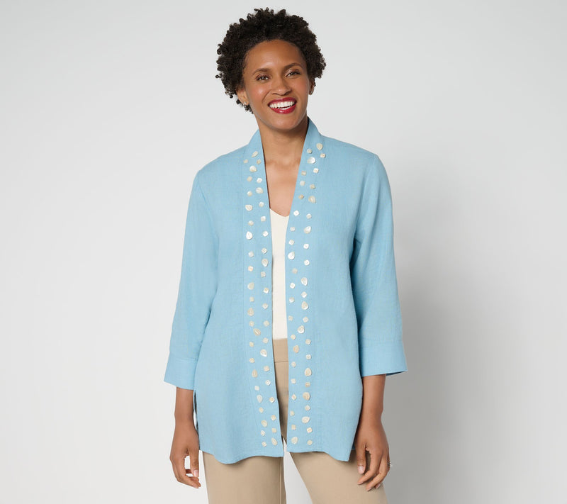 GRAVER Susan Graver Regular Linen Open Front Cardigan w/Embellishment — Main view