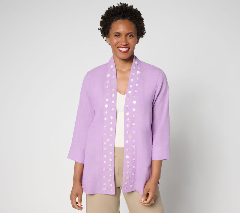 GRAVER Susan Graver Regular Linen Open Front Cardigan w/Embellishment — View 12