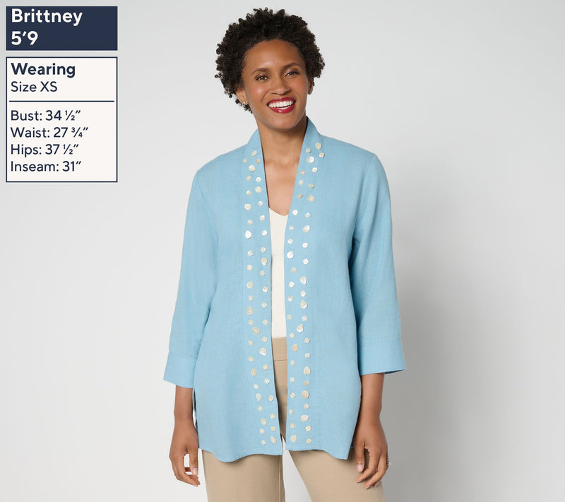 GRAVER Susan Graver Petite Linen Open Front Cardigan w/Embellishment — View 9