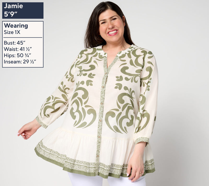 Susan Graver PURE Regular Printed Cotton Duster with Flounced Hem — View 2