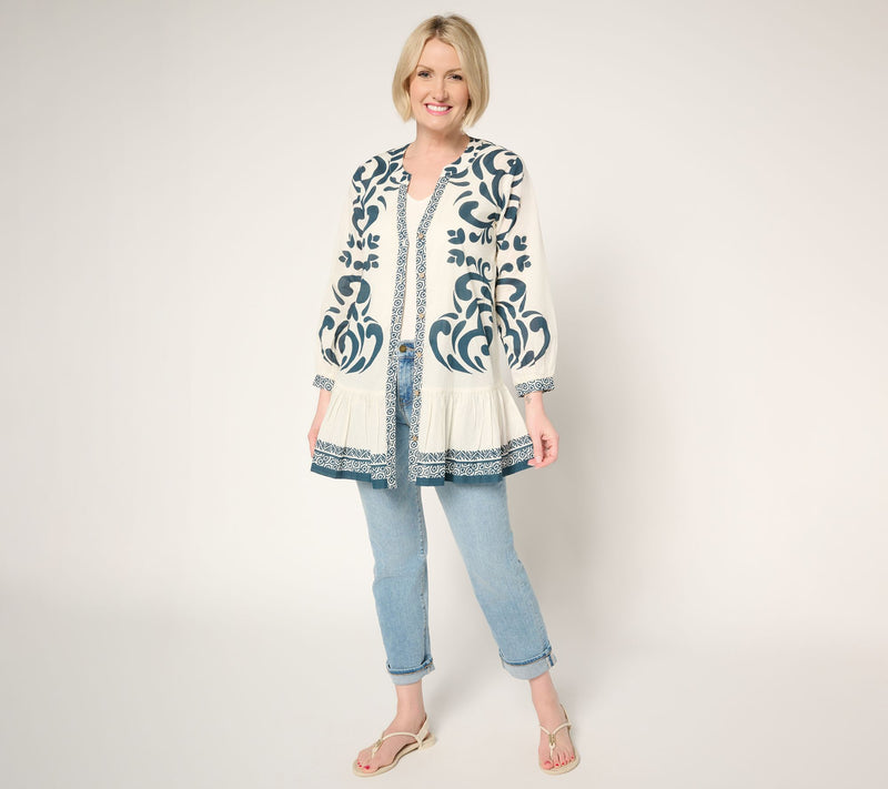Susan Graver PURE Petite Printed Cotton Duster with Flounced Hem — View 11