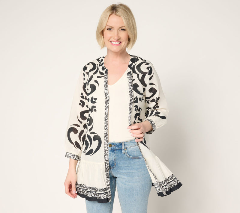 Susan Graver PURE Petite Printed Cotton Duster with Flounced Hem — Main view
