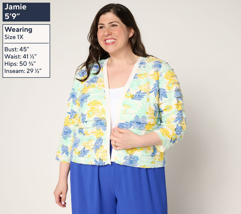 Susan Graver Printed Tiered Ruffle Knit 3/4-Sleeve Shrug — View 2