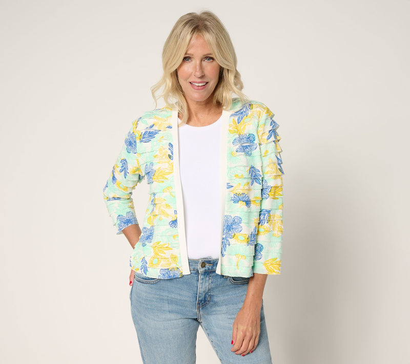 Susan Graver Printed Tiered Ruffle Knit 3/4-Sleeve Shrug — View 11