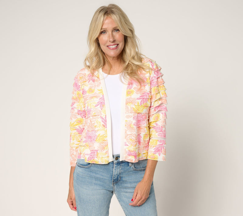 Susan Graver Printed Tiered Ruffle Knit 3/4-Sleeve Shrug — View 13
