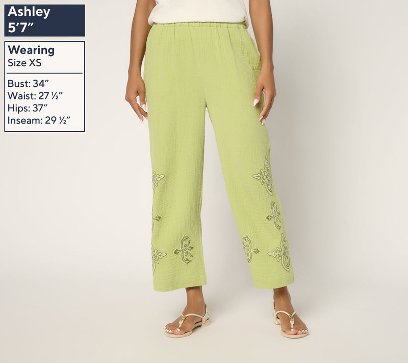 Susan Graver PURE Regular Getaway Gauze Embroidered Wide Leg Pants — View 3