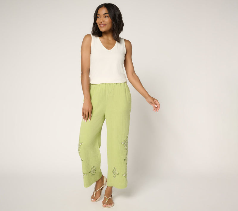 Susan Graver PURE Regular Getaway Gauze Embroidered Wide Leg Pants — View 5